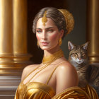 Regal woman in golden gown with elegant cats in opulent setting