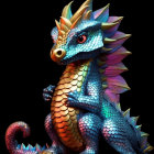 Colorful Dragon with Horns & Spiky Wings on Black Background