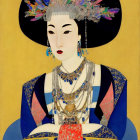 Traditional Asian Attire Woman with Elaborate Headdress and Jewelry