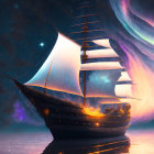 Majestic sailing ship under star-filled cosmic sky