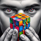 Intense-eyed person with melting Rubik's cube close-up.