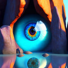 Surreal landscape featuring giant blue eye in rocky cliffs