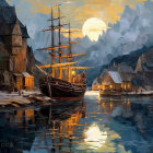 Impressionist painting of tall ships at twilight harbor