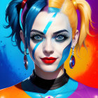 Stylized female portrait with colorful makeup and hair and blue streak on face