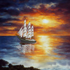 Sailing ship at sunset with seagulls in orange and yellow sky