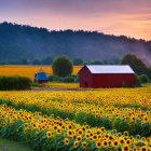 Sunflower Field and Red Barn in Serene Sunrise Landscape