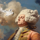 Classical portrait merged with modern jet in cloudy sky