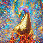 Mythical bird digital artwork with golden body and iridescent, fiery spectrum feathers