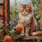 Colorful Illustration of Orange Tabby Cat with Flowers and Sky