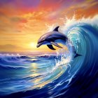 Dolphin leaping from vibrant wave under dramatic sunset sky