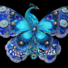 Vibrant peacock with pearls and jewels on black background