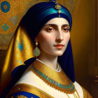 Illustration of woman in royal attire with blue headscarf and gold jewelry