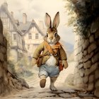 Anthropomorphic rabbit in clothes strolling village path.