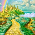 Golden castle on green hill with rainbow and yellow brick road