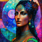 Woman's portrait with cosmic elements, ornate jewelry, and night sky backdrop.