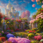 Colorful fantasy garden with castle spires and dreamy sky