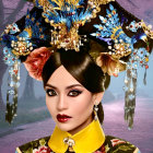 Asian Woman with Ornate Floral Headdress in Vivid Colors