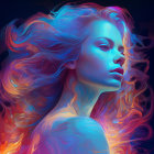 Colorful portrait of woman with wavy neon-lit hair.