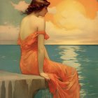 Art Deco Style Woman in Red Dress by Sea at Sunset