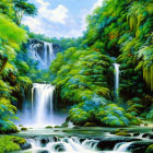 Lush Green Forest with Cascading Waterfalls and Serene Pools