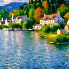 Serene lakeside village painting with colorful flora and white houses