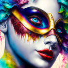 Vibrant surreal portrait with dripping makeup, butterfly wing, and multiple eyes