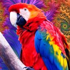 Colorful Macaw Perched on Branch Among Vibrant Flowers and Purple Background