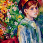 Child with Blue Cap and Red Hair in Vibrant Floral Background