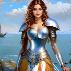 Fantasy armor woman digital art with coastal backdrop and sailing ship