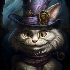 Steampunk-themed anthropomorphic cat with blue eyes and purple gear hat.