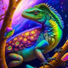 Colorful iridescent iguana in neon-lit forest with lanterns and turtles