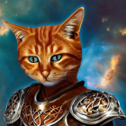 Orange Tabby Cat in Medieval Armor Against Dramatic Sky