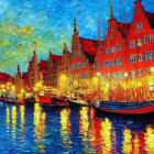 Colorful painting of riverside town at dusk with boats, reflections, historic buildings, and blue sky