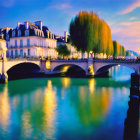 Scenic painting of river, arched bridge, and classic buildings at twilight