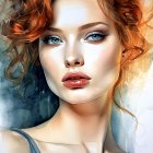 Portrait of woman with voluminous curly hair, auburn to blue, blue eyes, red lips