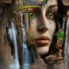 Surreal painting: Woman's face merges with landscape