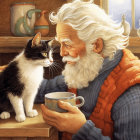 Elderly man smiling at a cat with a mug indoors