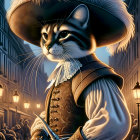 Anthropomorphic Cat in Musketeer Attire on Cobblestone Street at Dusk