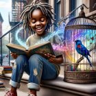 Girl reading book on steps with magical light and blue bird in city scene