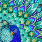 Colorful Peacock Illustration with Luxurious Tail on Blue and Gold Background