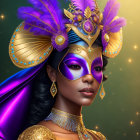 Woman in Feathered Headdress with Purple and Gold Mask and Jewelry on Starry Background