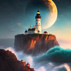 Lighthouse on steep cliff under dramatic sky with moon, crashing waves, and rugged landscape.