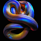 Vibrant digital artwork: Intertwined snakes, iridescent scales, black background