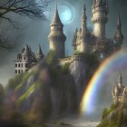 Fantastical castle with blue spires on lush cliffs with waterfalls and rainbow.