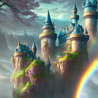 Fantastical castle on layered cliffs with rainbows and sailing ships