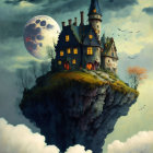 Mystical castle on floating island under full moon with flying birds and lit windows