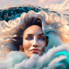 Surreal portrait: Woman's face merges with ocean waves, blue eyes, flowing hair.