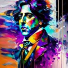 Colorful portrait of a man with abstract floral elements and dynamic brush strokes