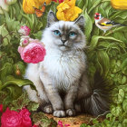 Colorful Cat Illustration with Floral Patterns and Jewelry on Floral Backdrop