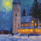 Snowy evening scene: illuminated castle-like house near frozen river